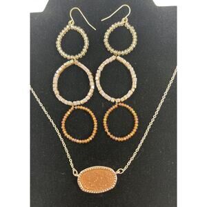 Druzy Pendant 17” Adjustable Necklace & Beaded 3” Earrings Rose Gold Color